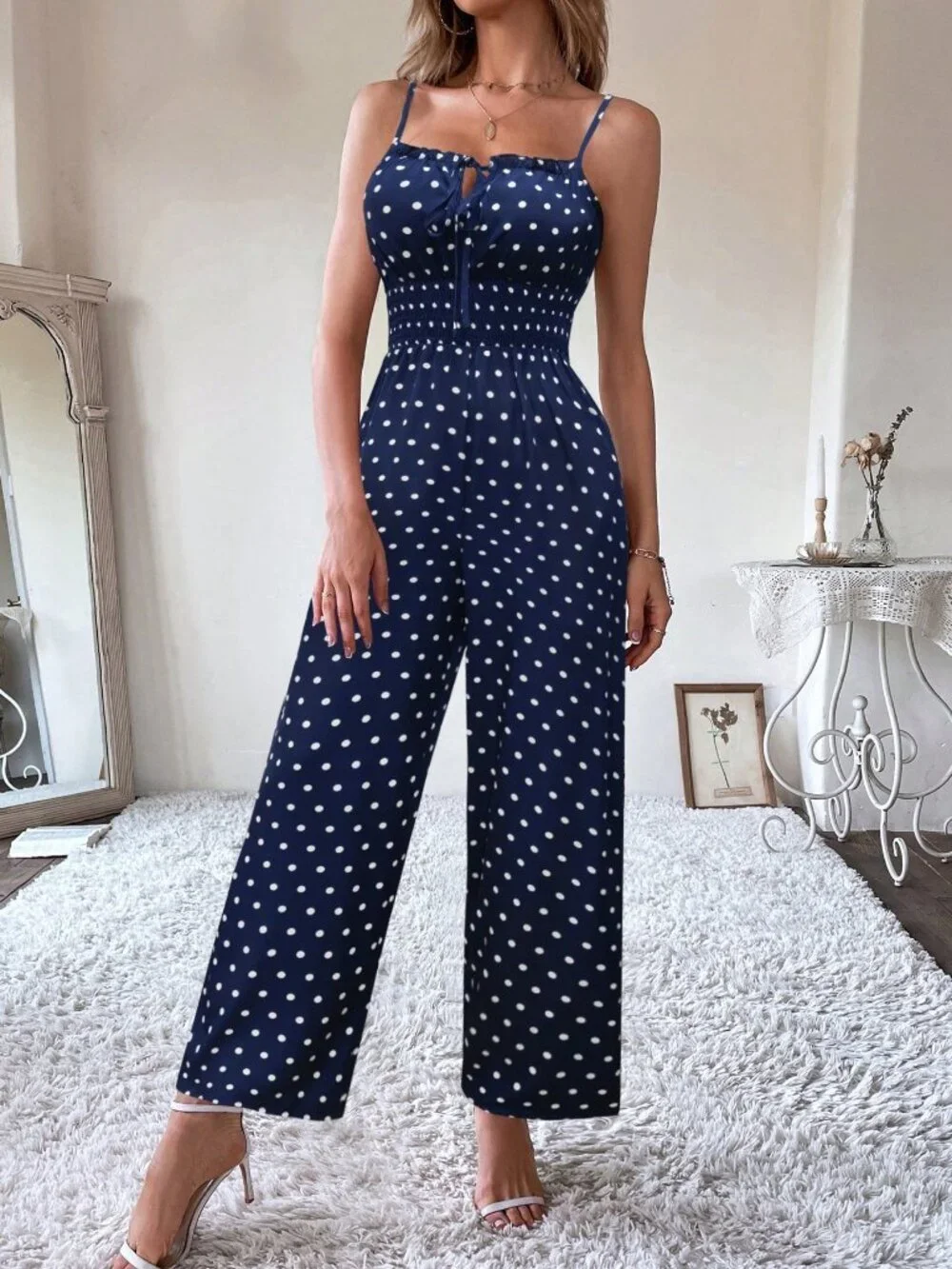 Women's Casual Polka Dot Print Front Tie Jumpsuit